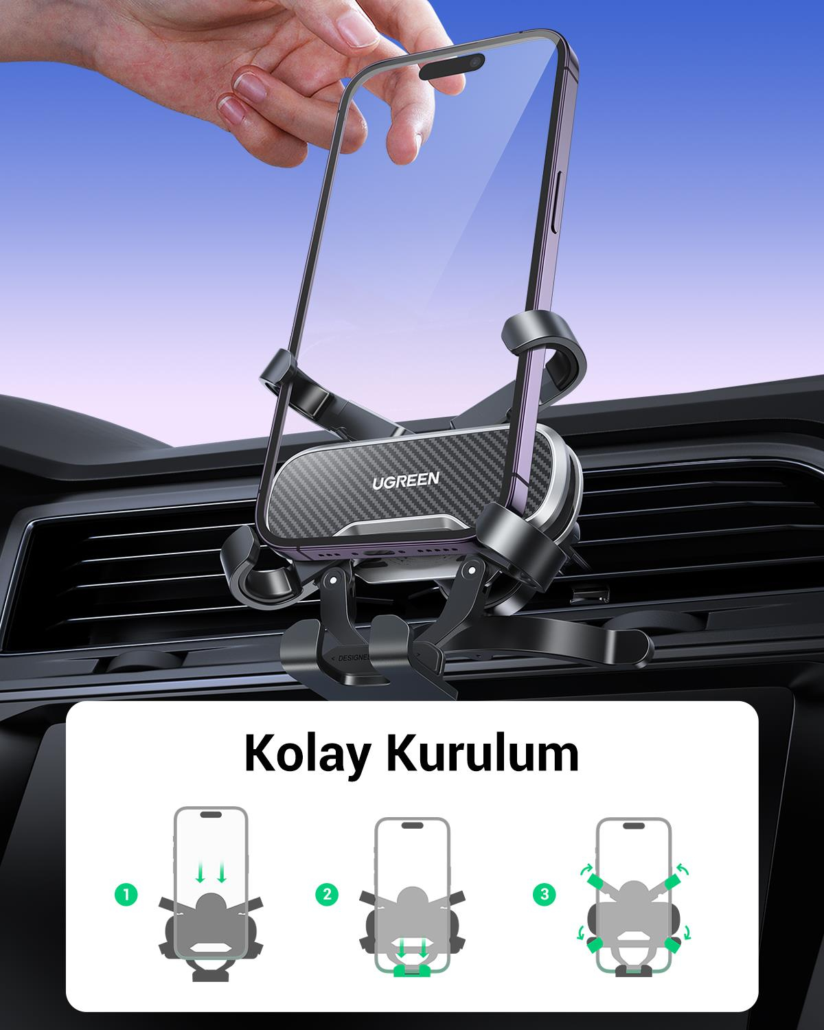 UGREEN Araç İçi Kancalı Telefon Tutucu, Siyah