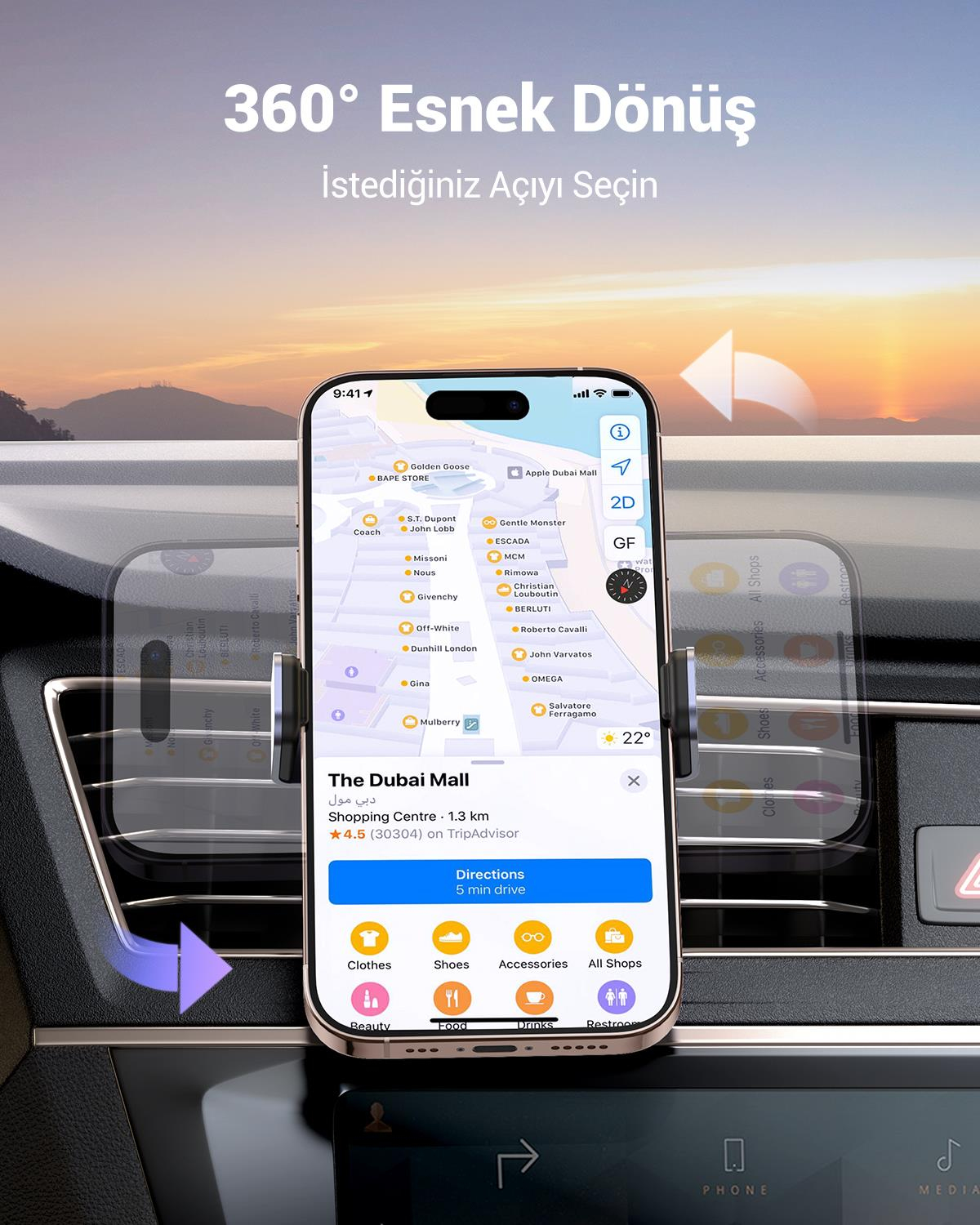 UGREEN Araç İçi Telefon Tutucu 360 Derece Dönebili