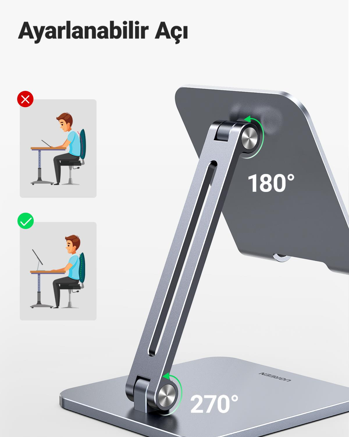 UGREEN Ayarlanabilir Metal Tablet Tutucu Standı, Uzay Grisi, 40393