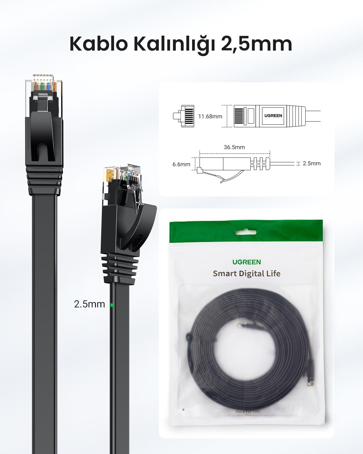 UGREEN CAT6 Flat Ethernet Kablosu, 5 Metre, Siyah, 50176