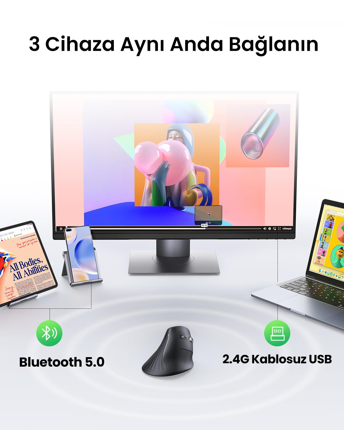 UGREEN Dikey Ergonomik Fare Kablosuz (BT 5.0+2.4G)