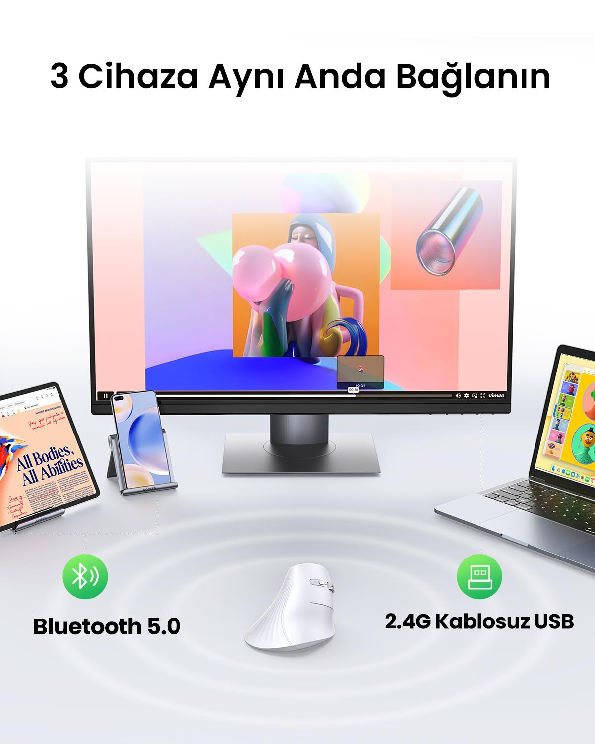 UGREEN Dikey Ergonomik Fare Kablosuz (BT 5.0+2.4G)