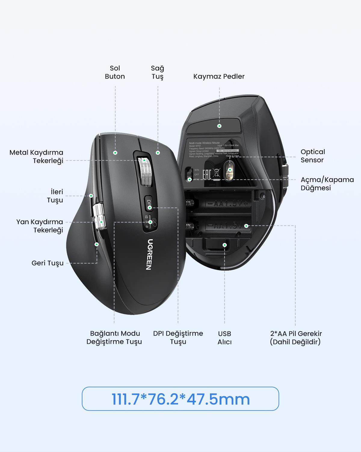 UGREEN Ergonomik 5000 DPI Sessiz Kablosuz Wireless