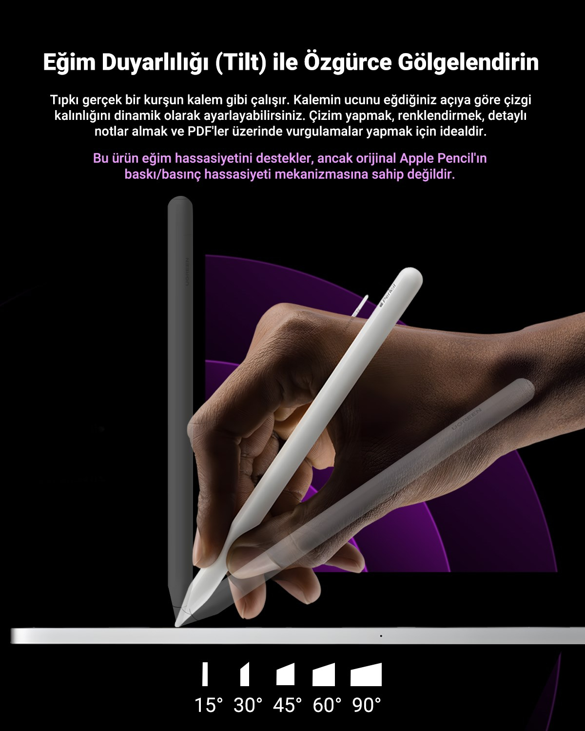 UGREEN iPad için Kalem Manyetik Kablosuz Şarj 2. Nesil Eğim Hassasiyeti Palm Reddetme Güç Ekranlı Kalem, 15910