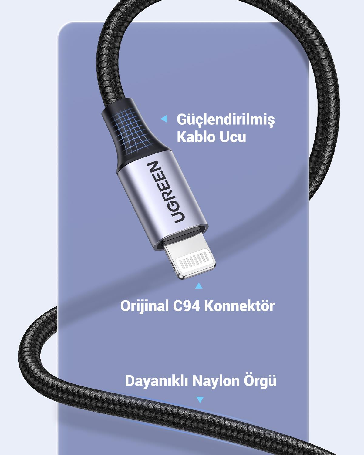 UGREEN Lightning to USB-A Şarj Kablosu, 2M, Siyah