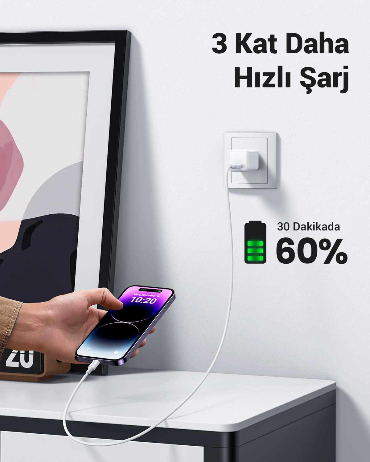 UGREEN Lightning to USB-C Şarj Kablosu, 1M, Beyaz