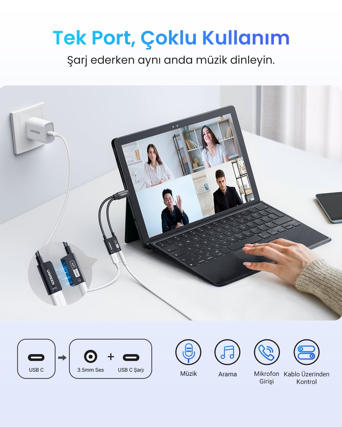 UGREEN Mangetic USB-C to Aux 3.5mm Hi-Res Audio DAC Chip Audio Adaptör, 25837