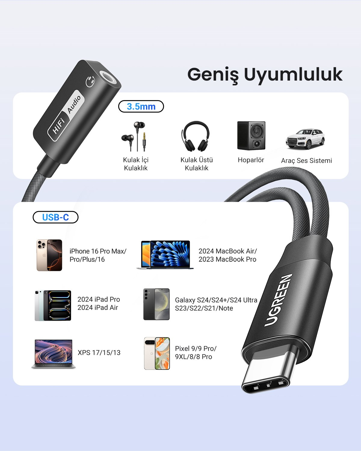 UGREEN Mangetic USB-C to Aux 3.5mm Hi-Res Audio DAC Chip Audio Adaptör, 25837
