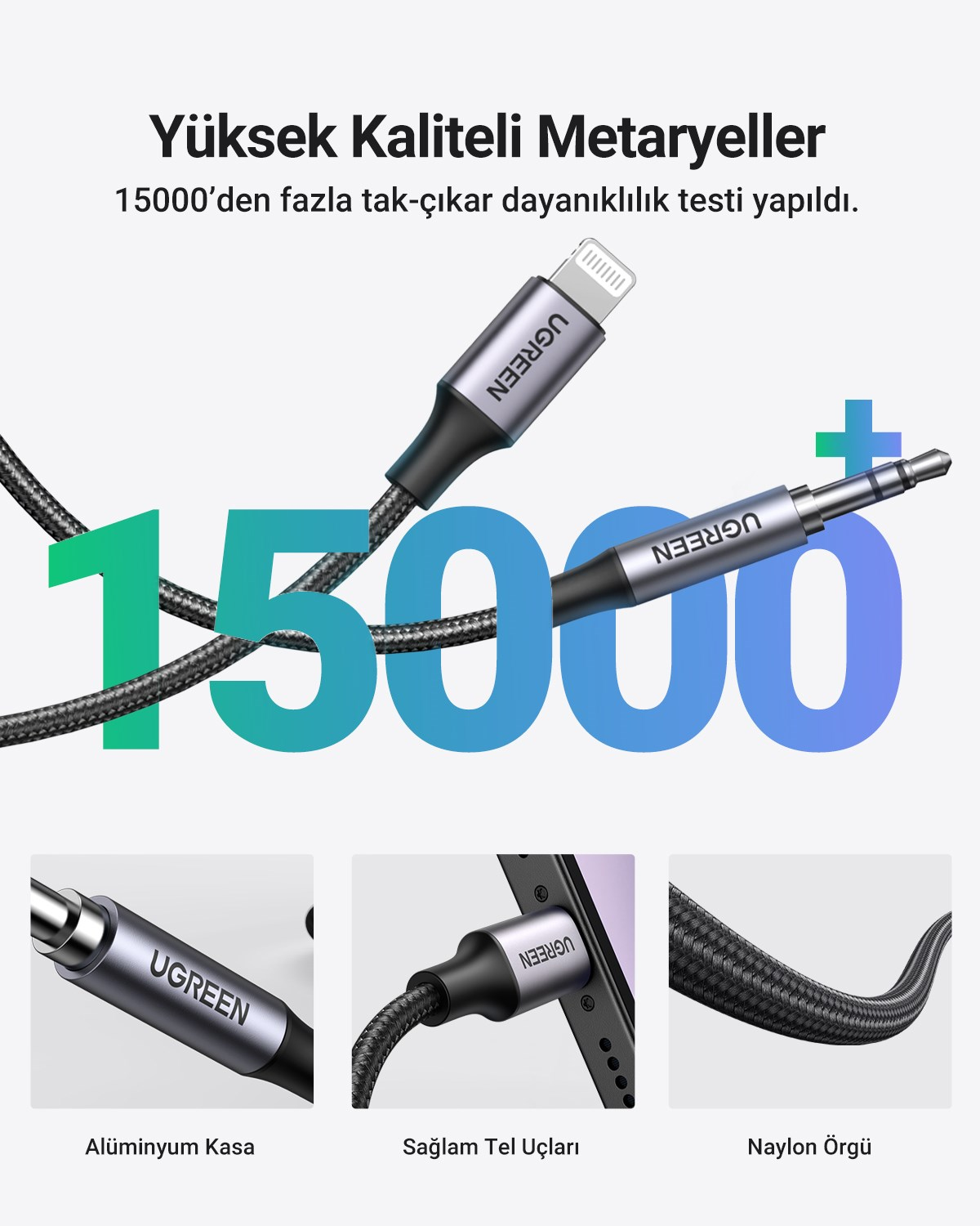 UGREEN Mfi Sertifikalı Lightning to 3.5mm Örgülü Ses Kablosu, 1 Metre, Siyah, 70509