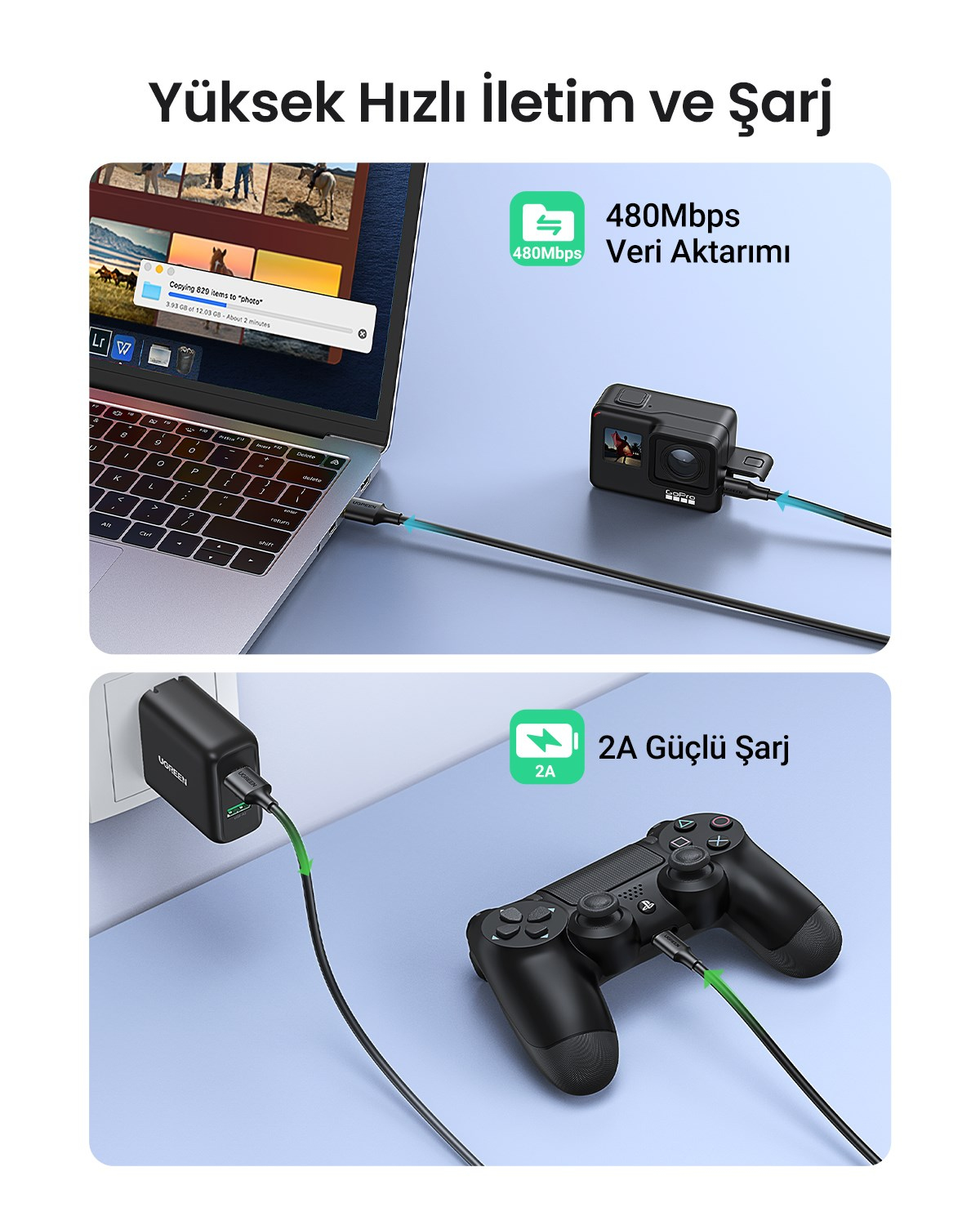 UGREEN Mini USB Şarj ve Data Kablosu 2 Metre, 30742