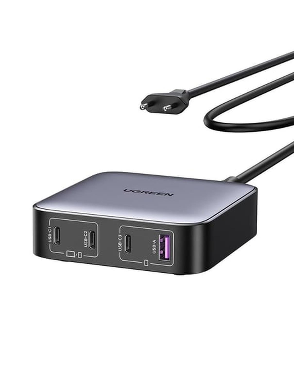 UGREEN Nexode 100W GaN Masaüsü Hızlı Şarj Cihazı Type-C QC PD 4 Portlu 3xUSB-C, 1xUSB-A, 2M Kablolu, Gri, 90928