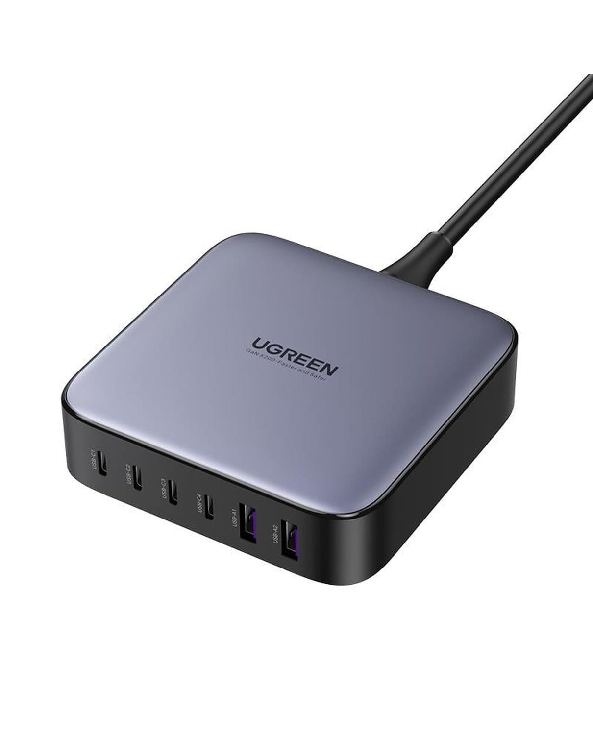 UGREEN Nexode 200W GaN II 6 Portlu Masaüstü Hızlı Şarj Cihazı İstasyonu 4xUSB-C, 2xUSB-A, 2M Kablolu, Gri, 40914