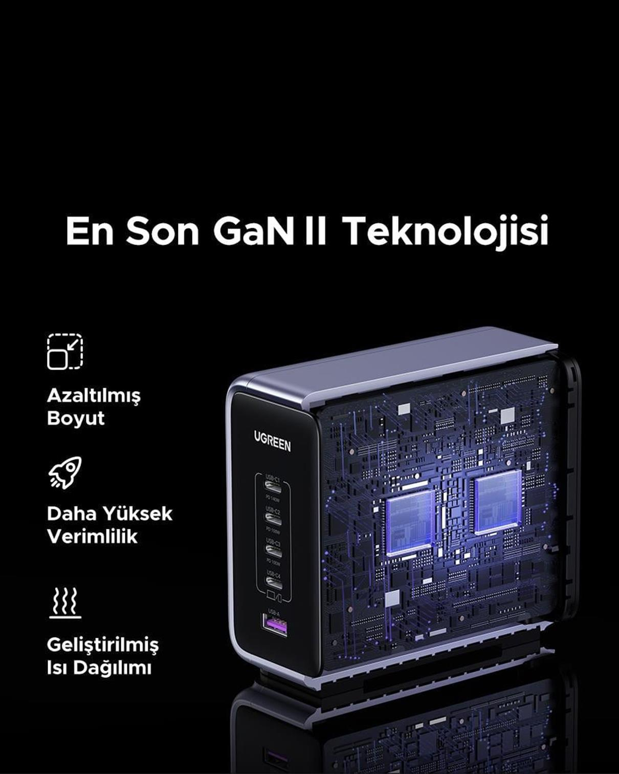 UGREEN Nexode 300W GaN 5 Portlu Hızlı Şarj Cihazı İstasyonu, 4xUSB-C, 1xUSB-A, 2M 240W Kablolu, Gri, 90903B