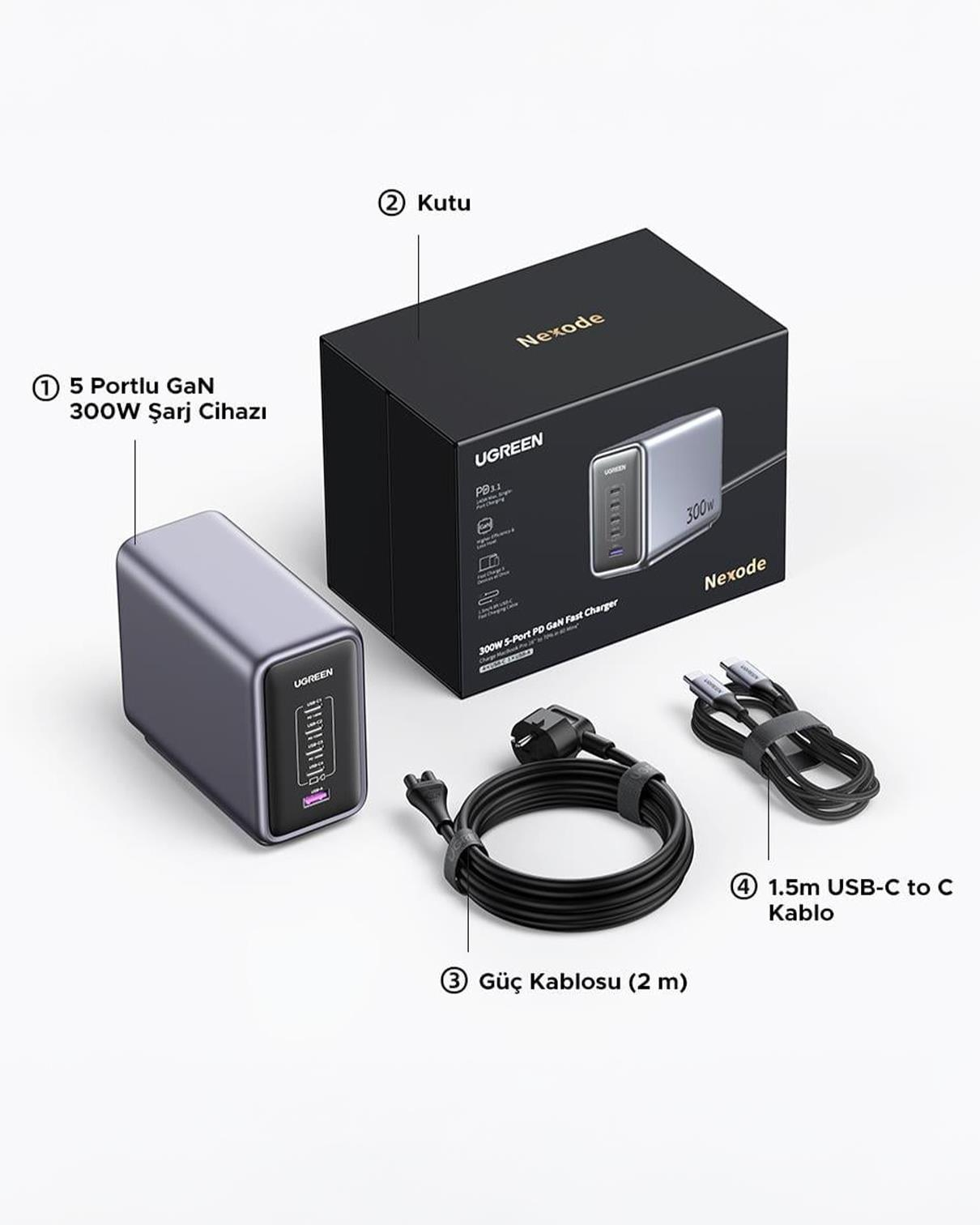 UGREEN Nexode 300W GaN 5 Portlu Hızlı Şarj Cihazı İstasyonu, 4xUSB-C, 1xUSB-A, 2M 240W Kablolu, Gri, 90903B