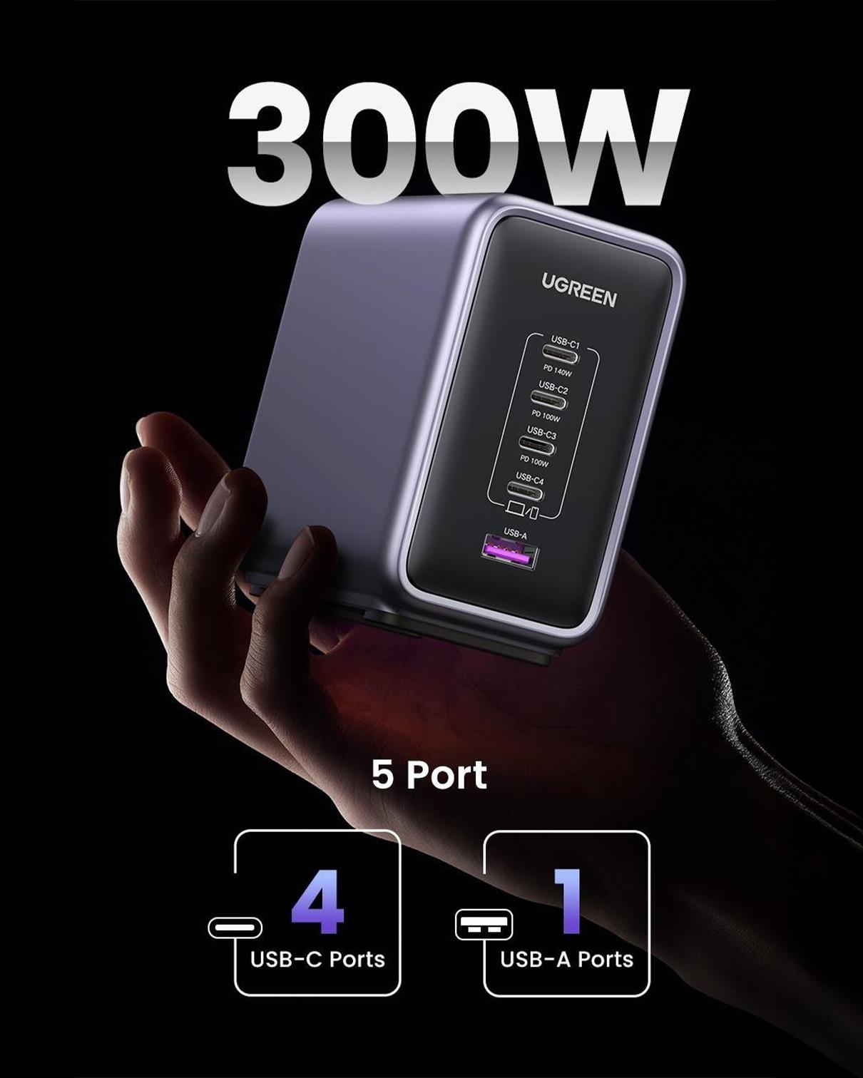 UGREEN Nexode 300W GaN 5 Portlu Hızlı Şarj Cihazı İstasyonu, 4xUSB-C, 1xUSB-A, 2M 240W Kablolu, Gri, 90903B