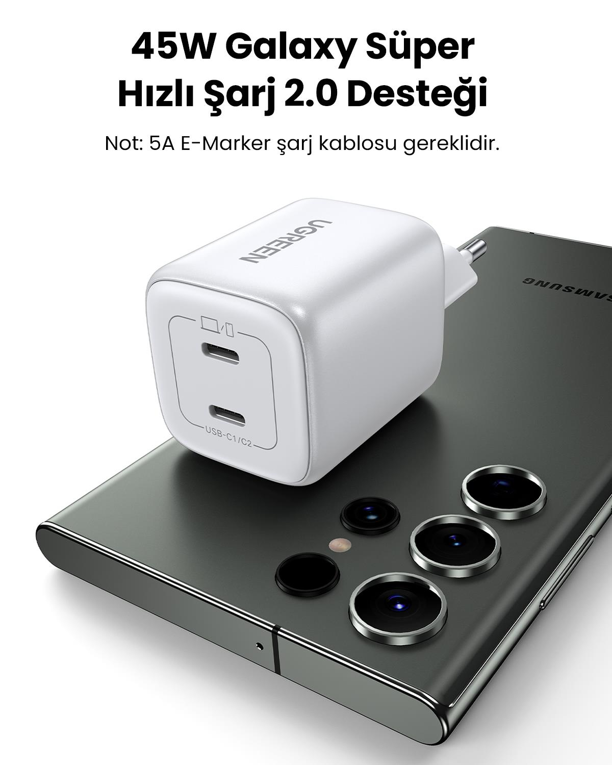 UGREEN Nexode 45W GaN Hızlı Şarj Cihazı Type-C QC PD 2xUSB-C, Beyaz, 15327