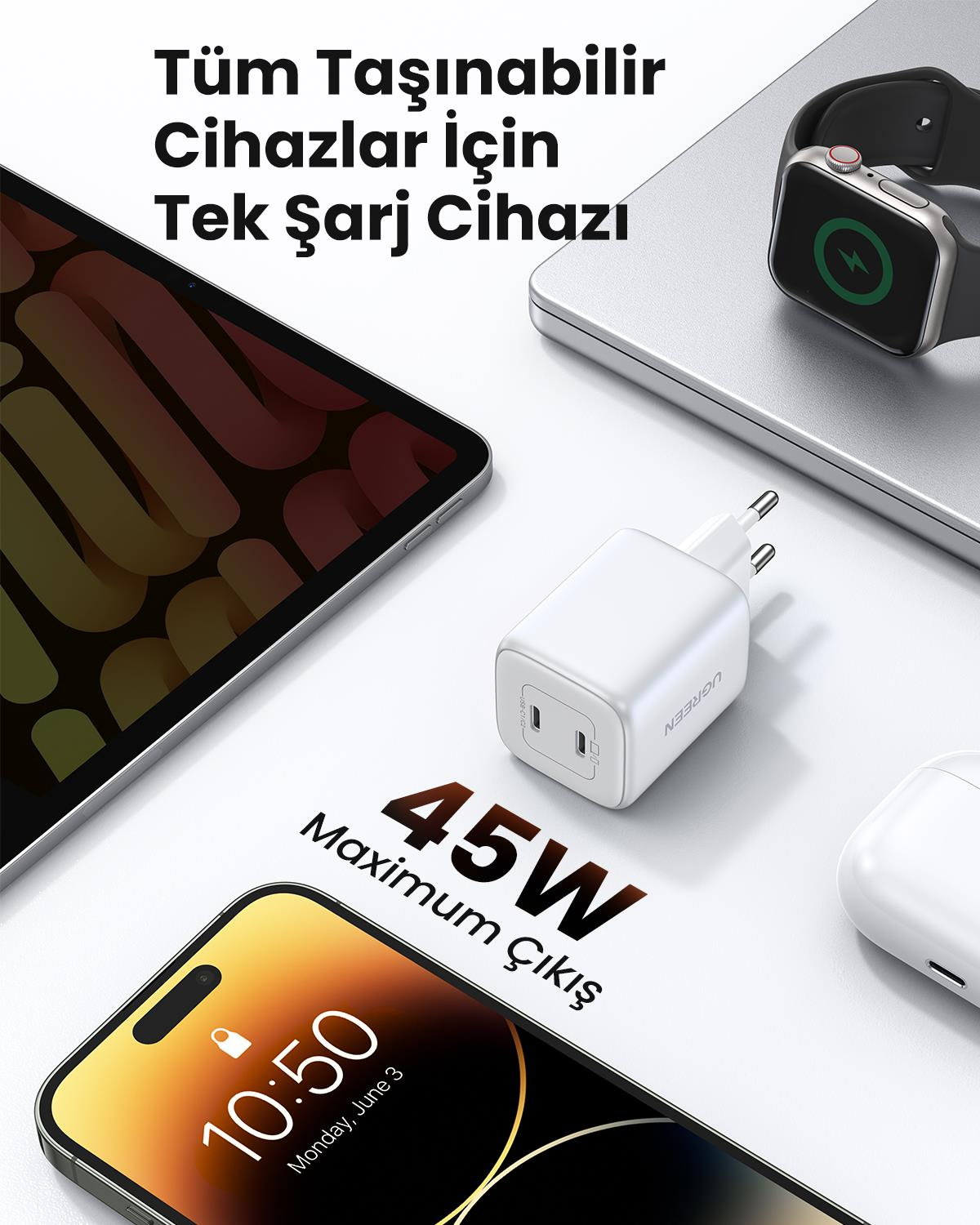 UGREEN Nexode 45W GaN Hızlı Şarj Cihazı Type-C QC PD 2xUSB-C, Beyaz, 15327