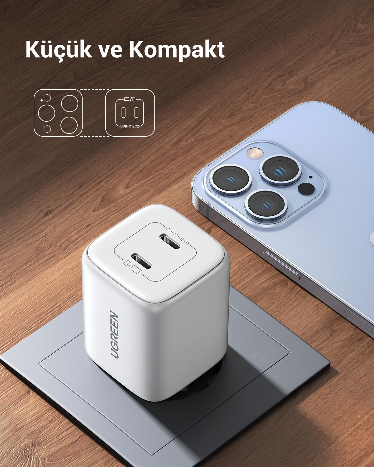 UGREEN Nexode 45W GaN Hızlı Şarj Cihazı Type-C QC PD 2xUSB-C, Beyaz, 15327