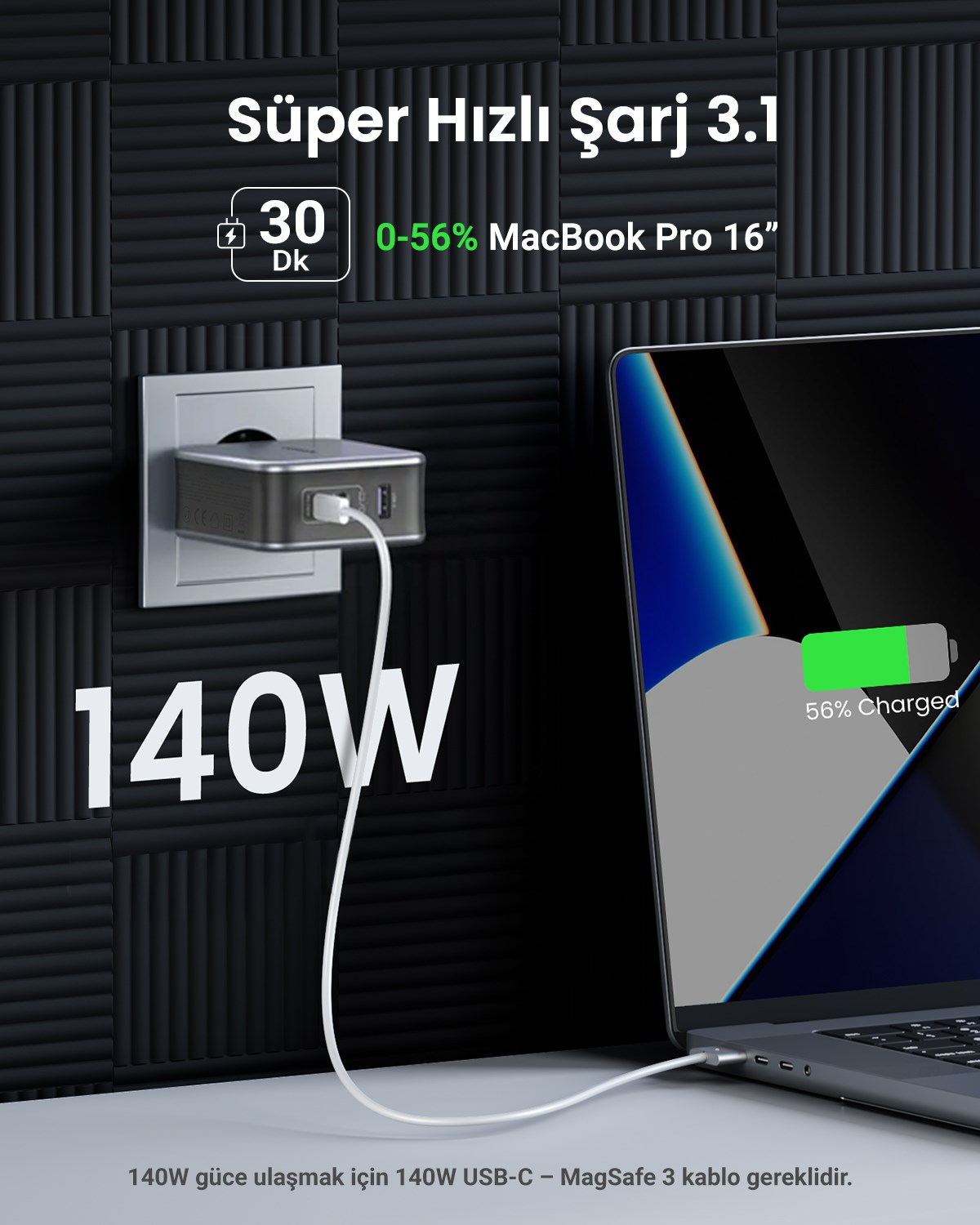 UGREEN Nexode Air GaN 140W Hızlı Şarj Cihazı 4 Portlu PD QC 3xUSB-C, 1xUSB-A, Gri, 45575