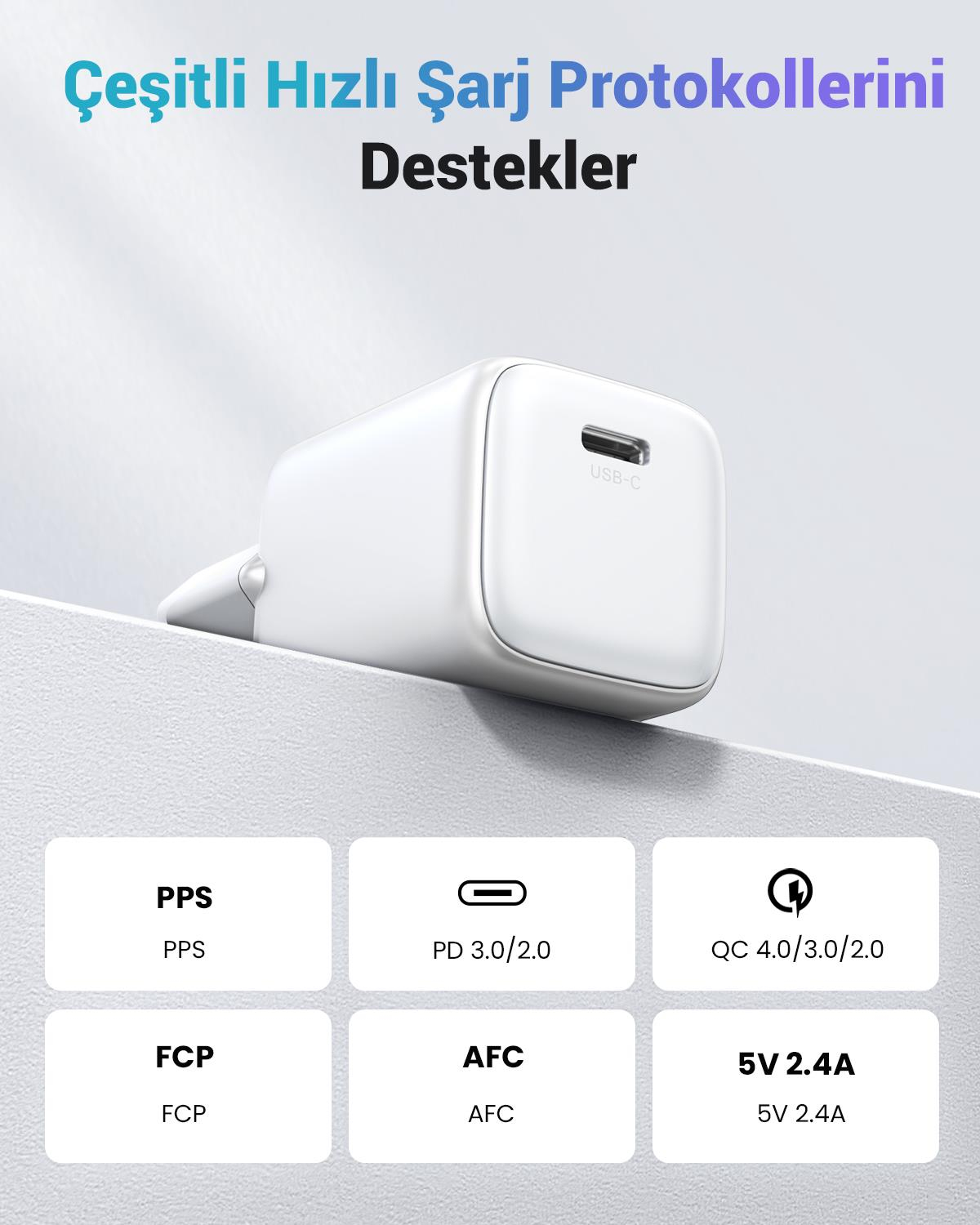 UGREEN Nexode GaN Mini 20W Hızlı Şarj Cihazı Beyaz