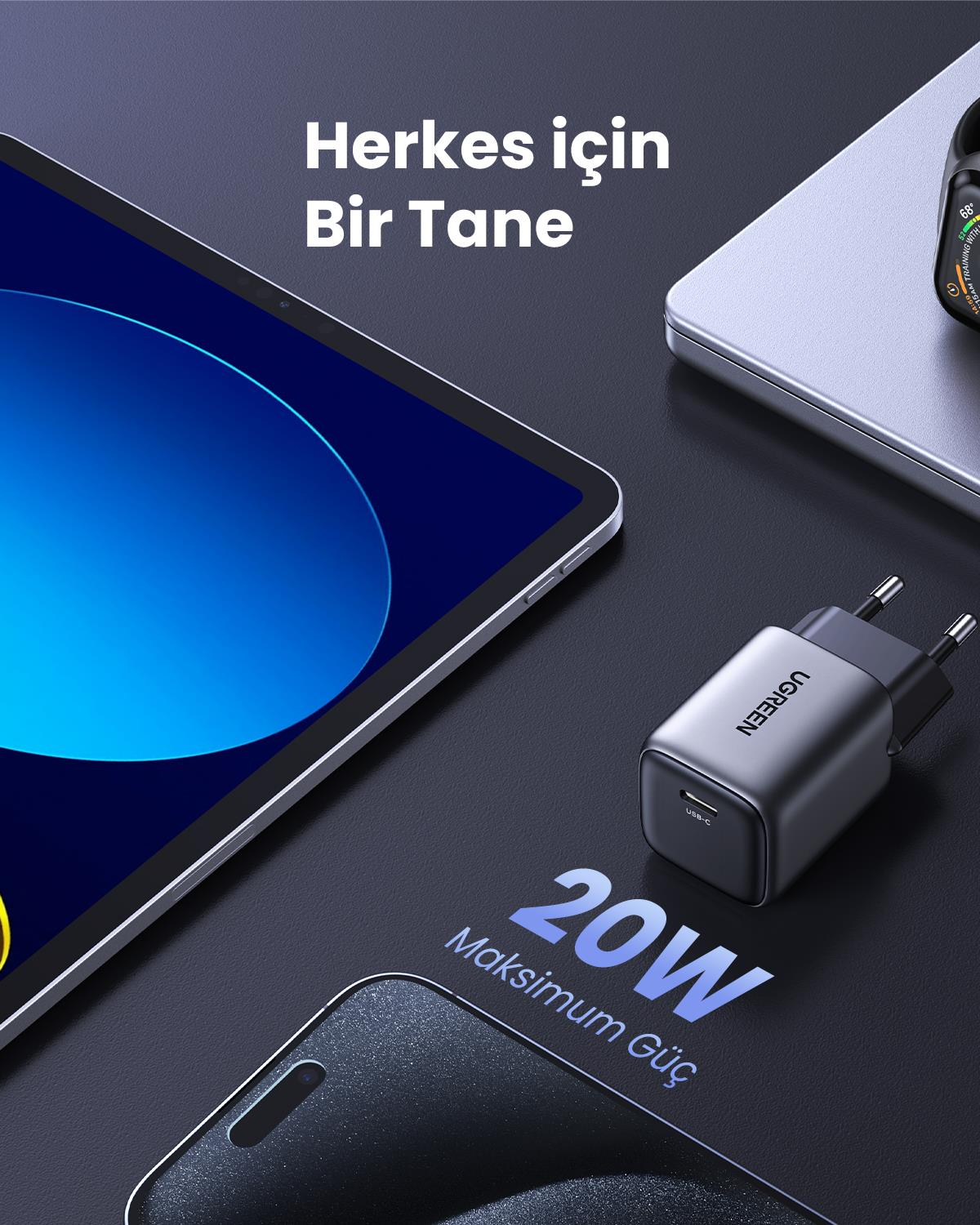 UGREEN Nexode GaN Mini 20W Hızlı Şarj Cihazı Gri