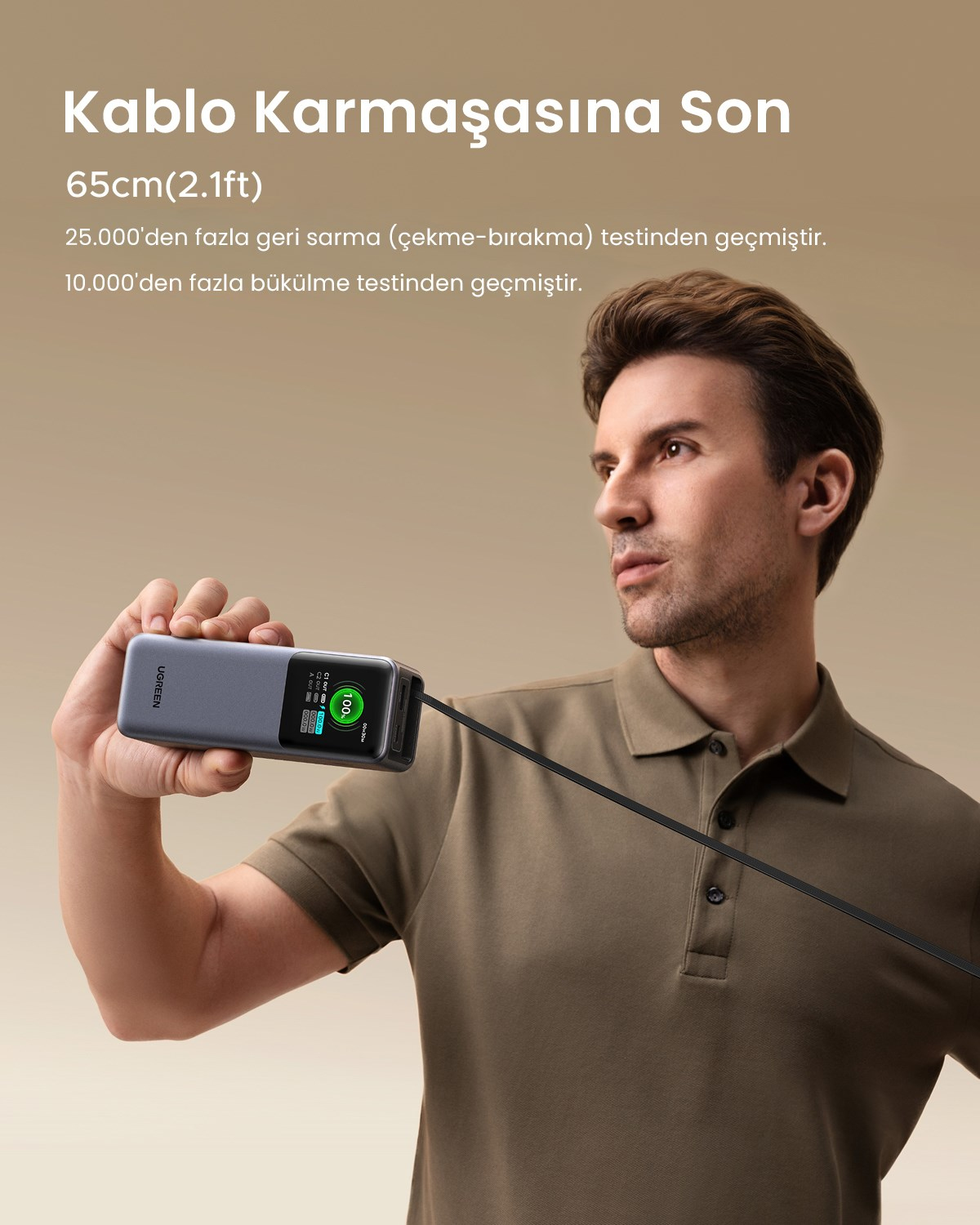 UGREEN Nexode Pro 20.000 mAh 165W USB-C Makaralı Dahili Kablolu Şarj Powerbank, 2xUCB-C, 1598xUSB-A, 55987B