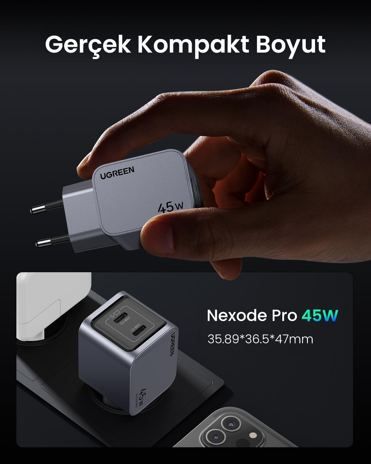 UGREEN Nexode Pro 45W GaN Hızlı Şarj Cihazı Type-C QC PD 2xUSB-C, Uzay Grisi, 35008