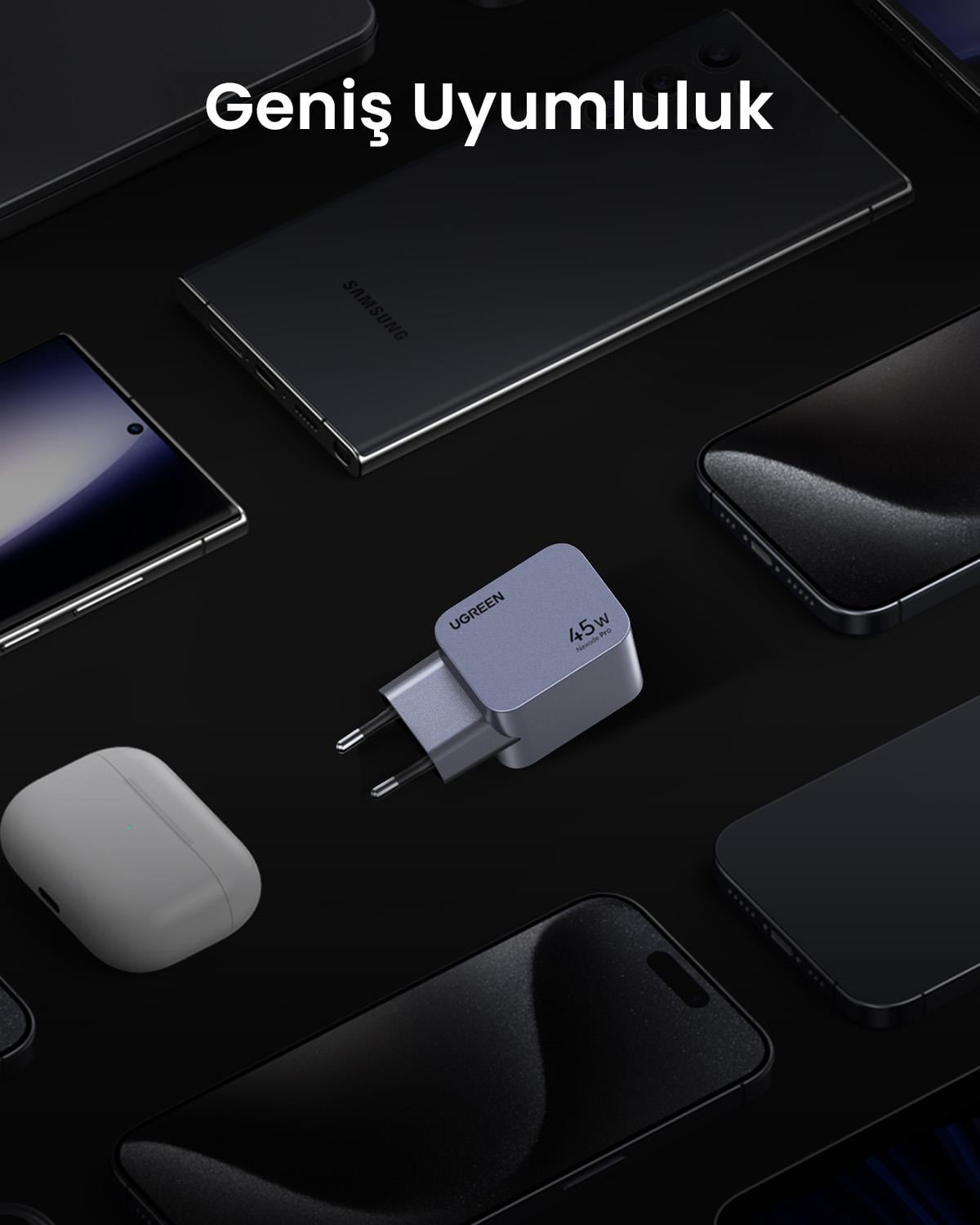 UGREEN Nexode Pro 45W GaN Hızlı Şarj Cihazı Type-C QC PD 2xUSB-C, Uzay Grisi, 35008