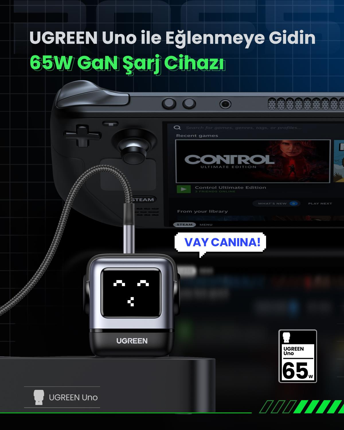 UGREEN Nexode Uno 65W Robot GaN Hızlı Şarj Cihazı 2xUSB-C, 1xUSB-A, Gri, 25685B
