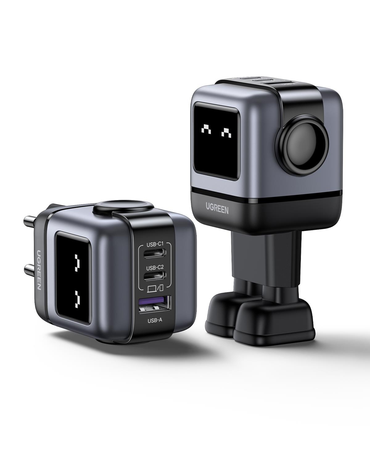 UGREEN Nexode Uno 65W Robot GaN Hızlı Şarj Cihazı 2xUSB-C, 1xUSB-A, Gri, 25685B