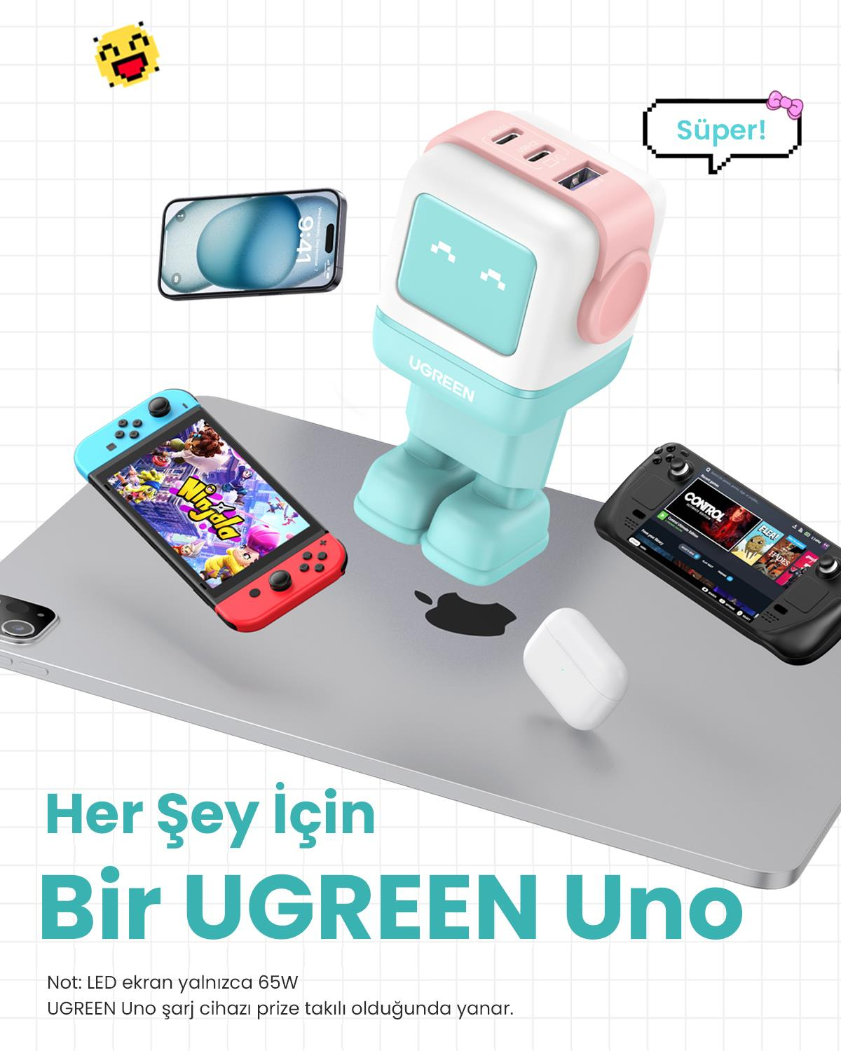 UGREEN Nexode Uno 65W Robot Şarj Cihazı, Renkli