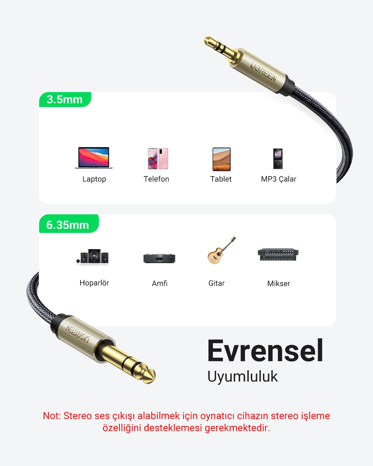 UGREEN Stereo 3.5mm TRS to 6.35mm Audio Kablo, 2m, 10628