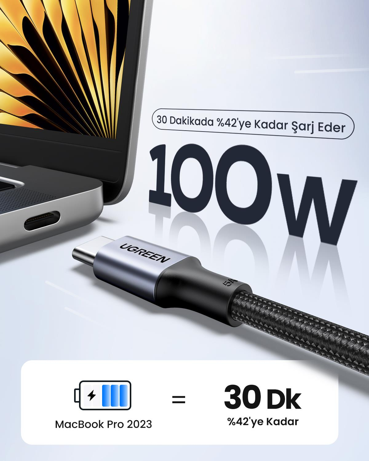 UGREEN Type-C 100W Hızlı Şarj Kablosu, Siyah, 1 M