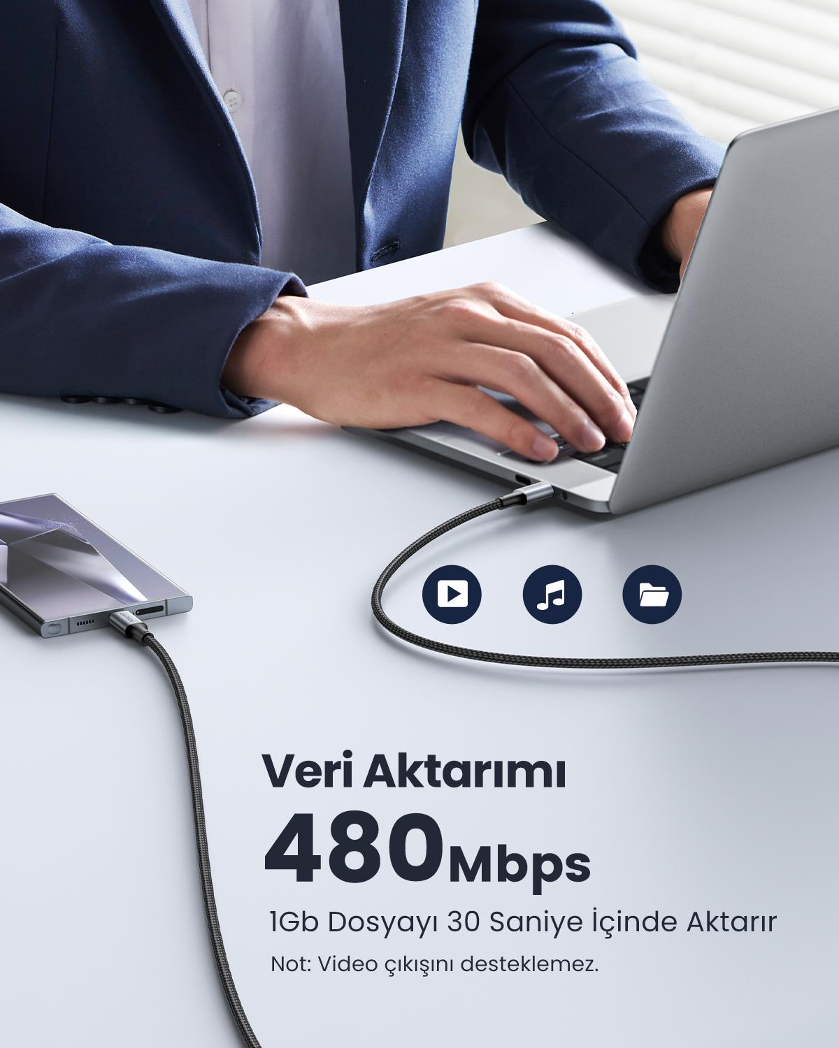 UGREEN Type-C 100W Hızlı Şarj Kablosu, Siyah, 1 M
