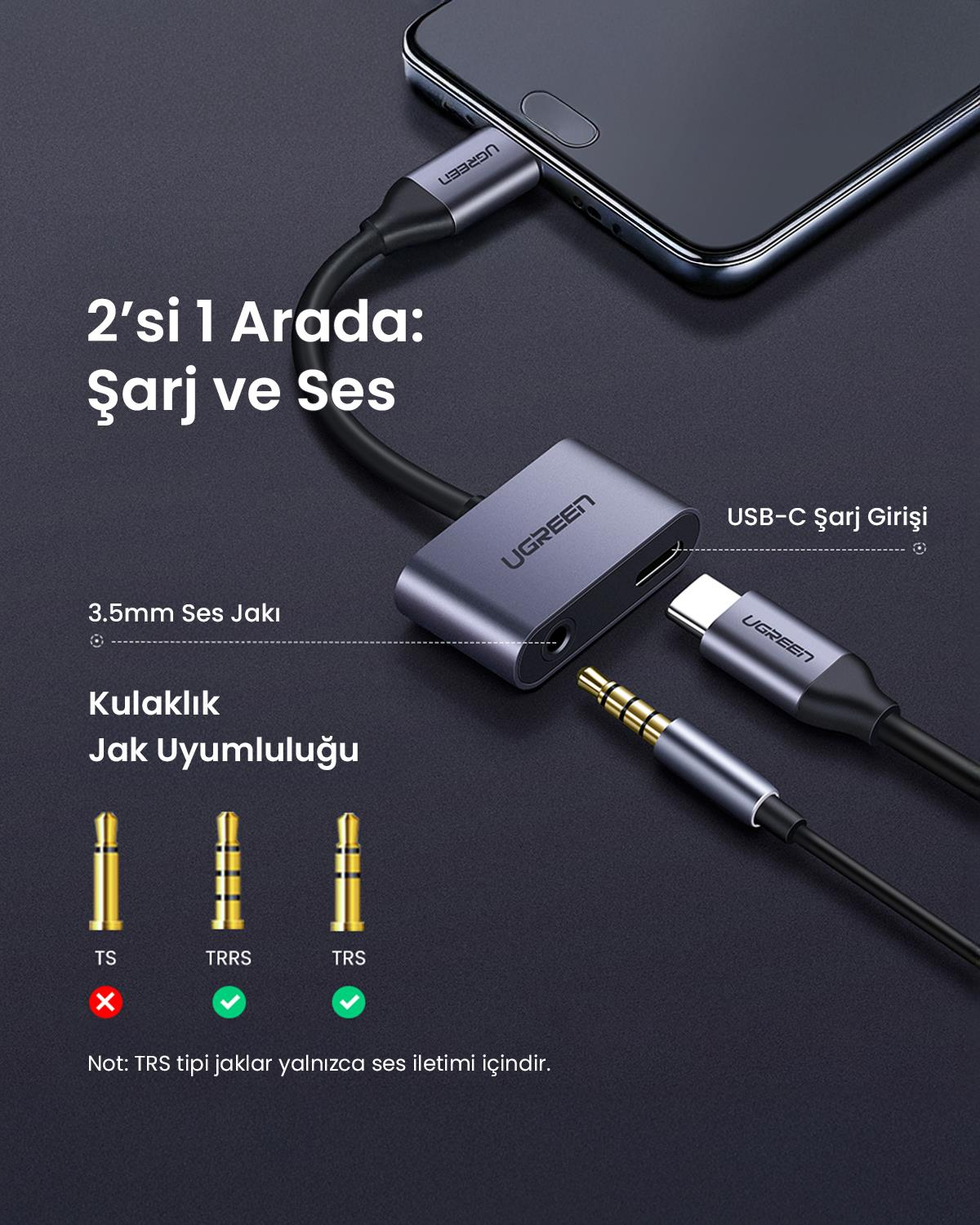 Ugreen Type-C 3.5mm Kulaklık ve Şarj Dönüştürücü