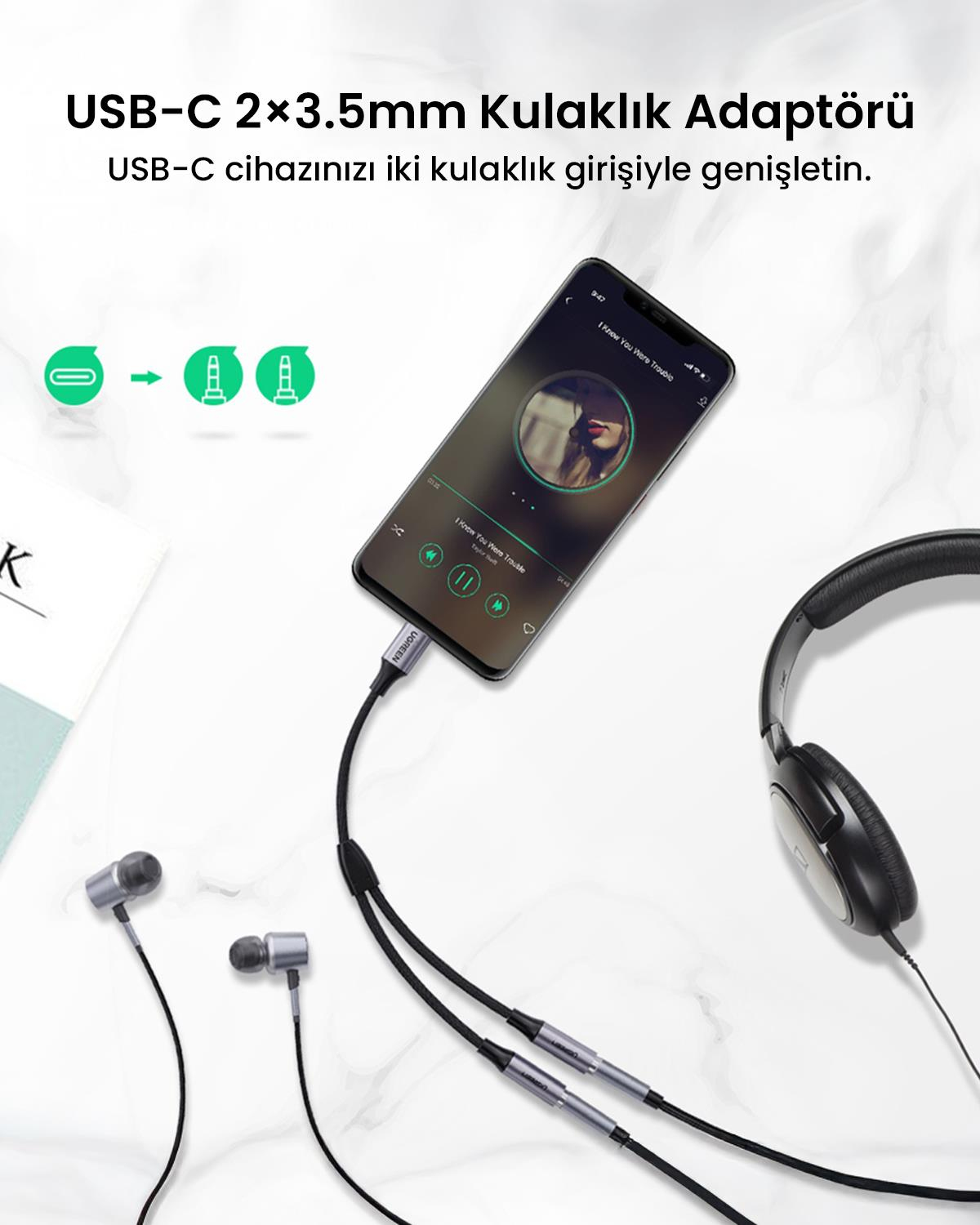 Ugreen Type-C to 2’li Aux Kulaklık Çıkış Çoklayıcı