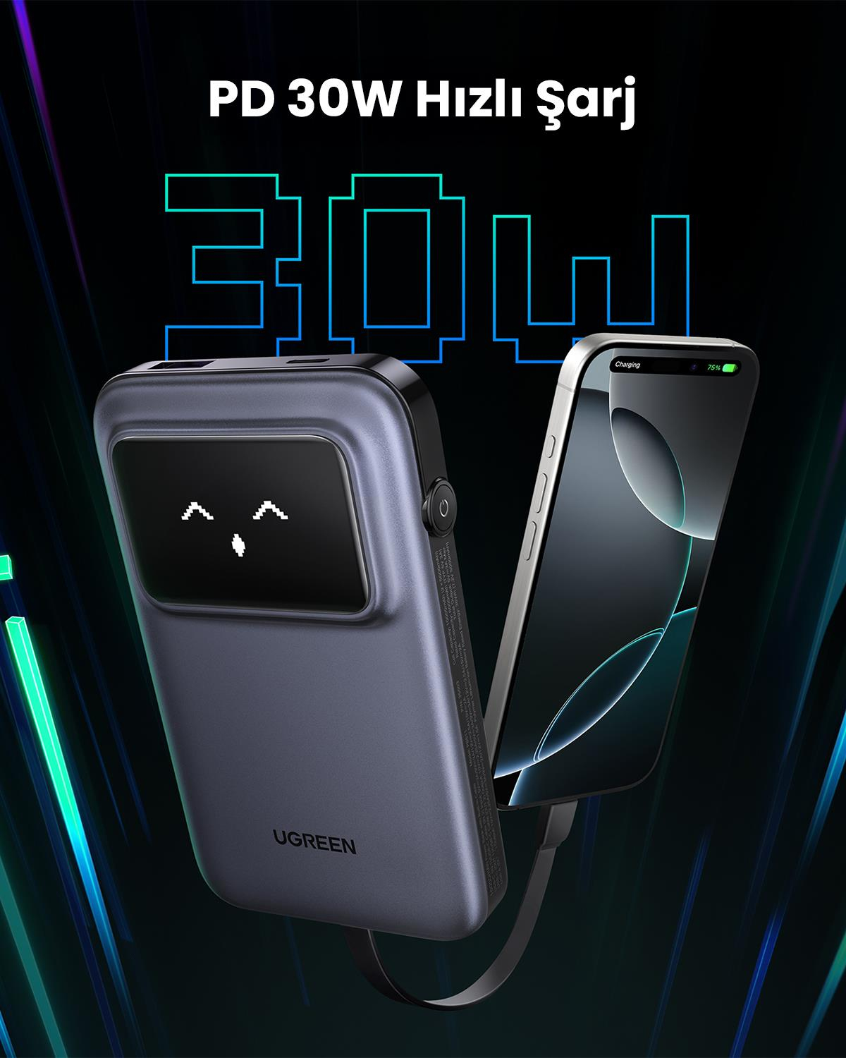UGREEN Uno Dahili Kablolu 10.000 mAh 30W Powerbank