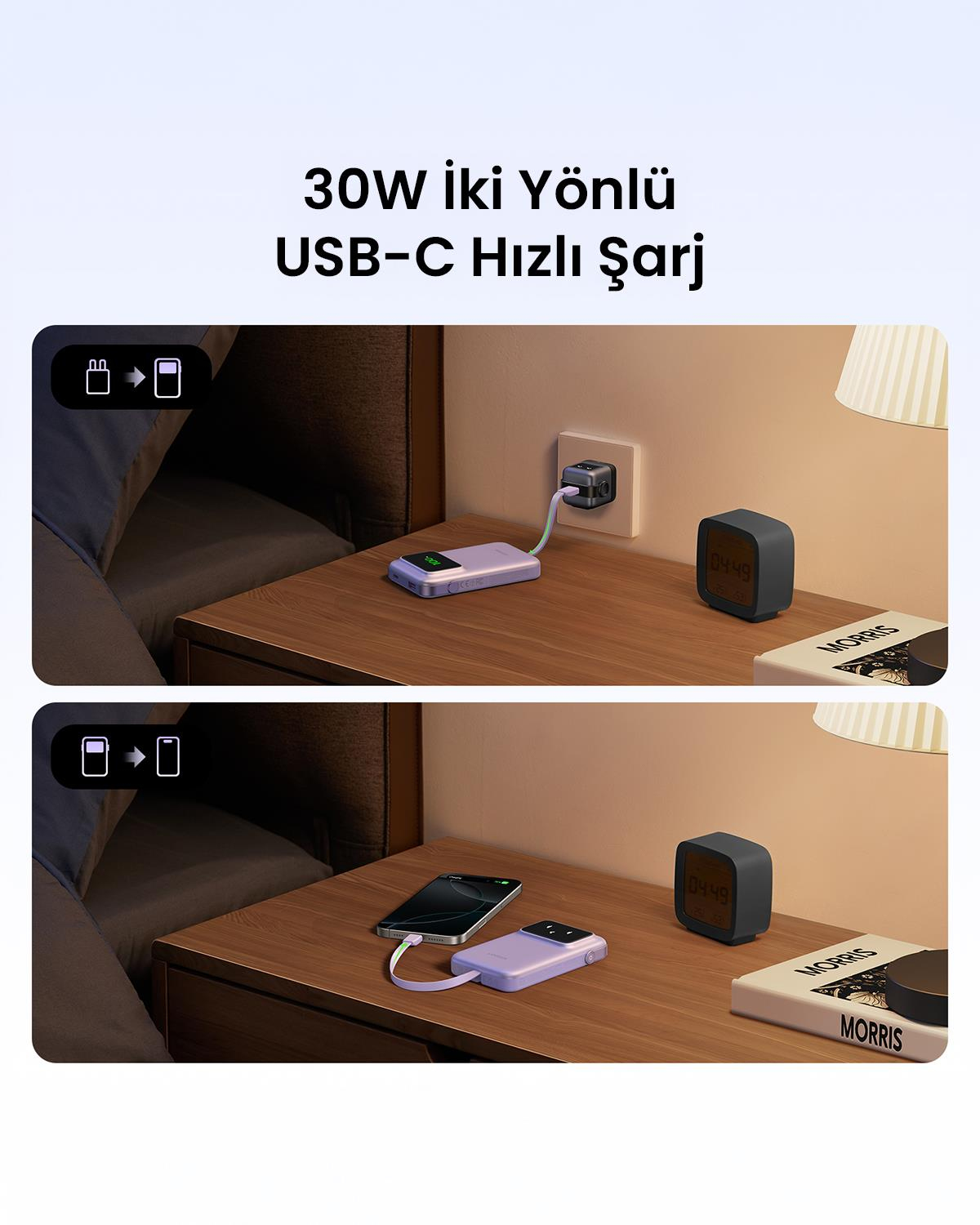 UGREEN Uno Kablolu 10.000 mAh 30W Powerbank, Mor