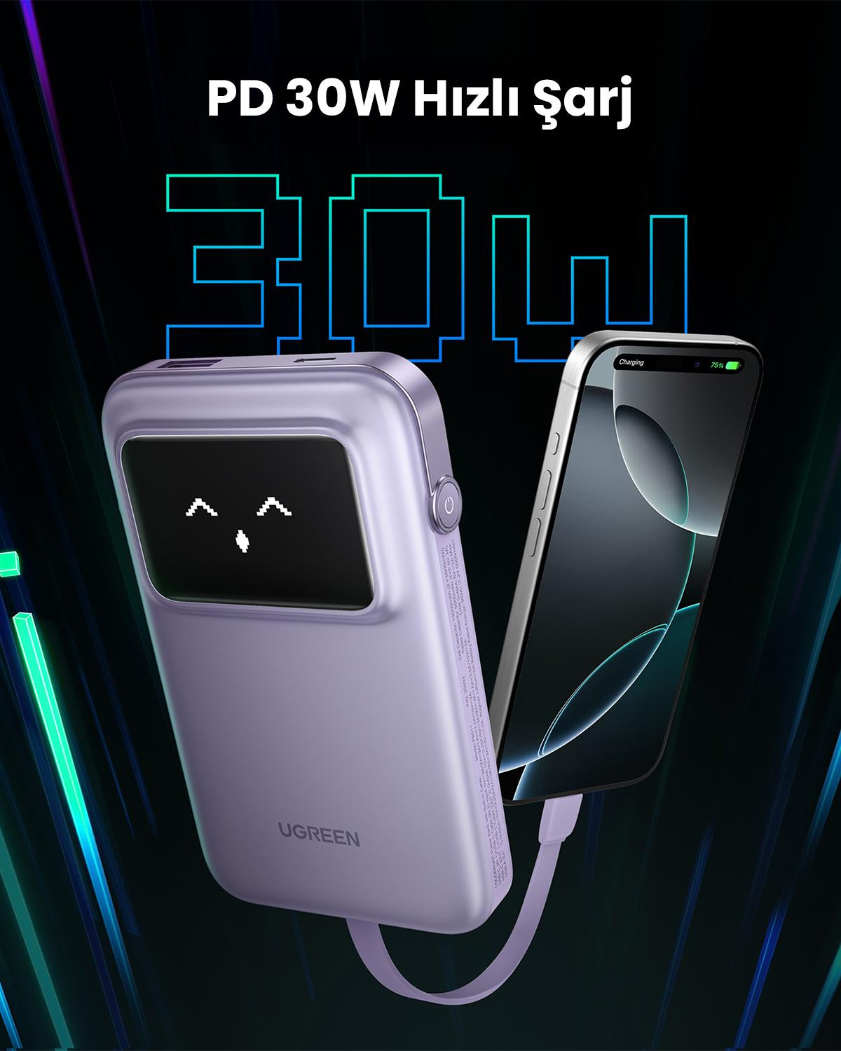 UGREEN Uno Kablolu 10.000 mAh 30W Powerbank, Mor