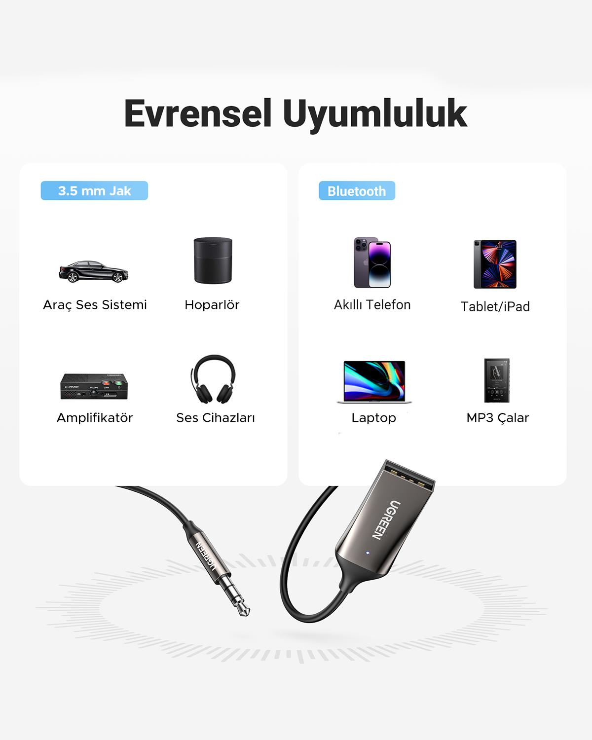 UGREEN USB 2.0 to 3.5mm Mikrofonlu Bluetooth 5.0 A