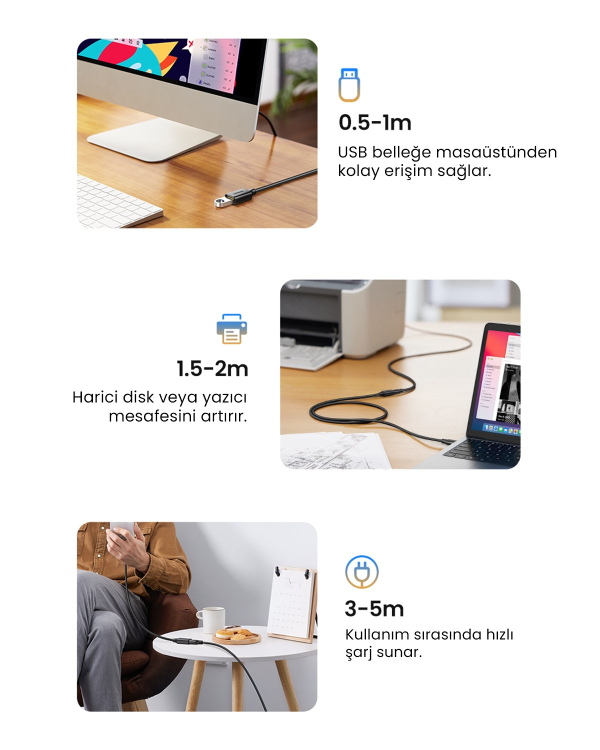 UGREEN USB 3.0 Uzatma Kablosu 2 Metre, Siyah, 10373