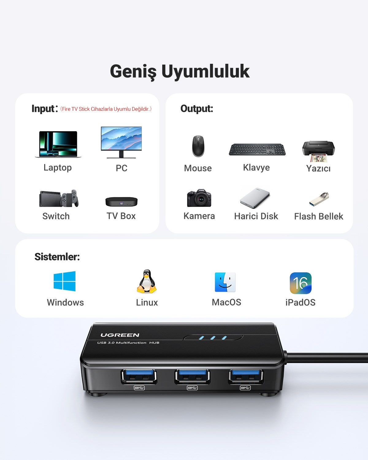 UGREEN USB 3.0 Gigabit Ethernet RJ45 Dönüştürücü 3 Port Hub USB Çoklayıcı, 20265