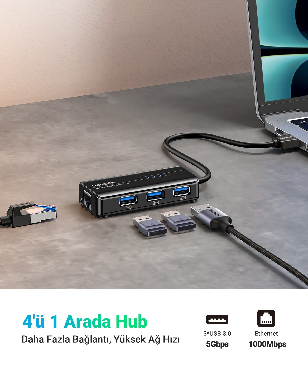 UGREEN USB 3.0 Gigabit Ethernet RJ45 Dönüştürücü 3 Port Hub USB Çoklayıcı, 20265