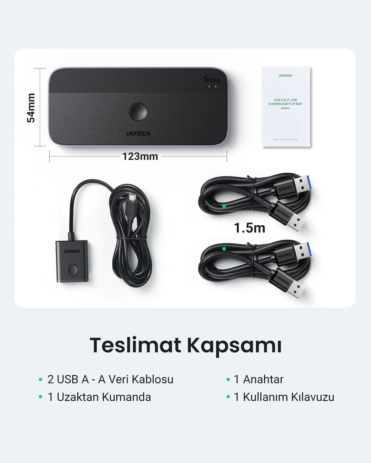 UGREEN USB 3.0 2-in-4 Çift Ekran Paylaşımlı 5Gbps 1xUSBC, 4xUSB-A Switch, 15705