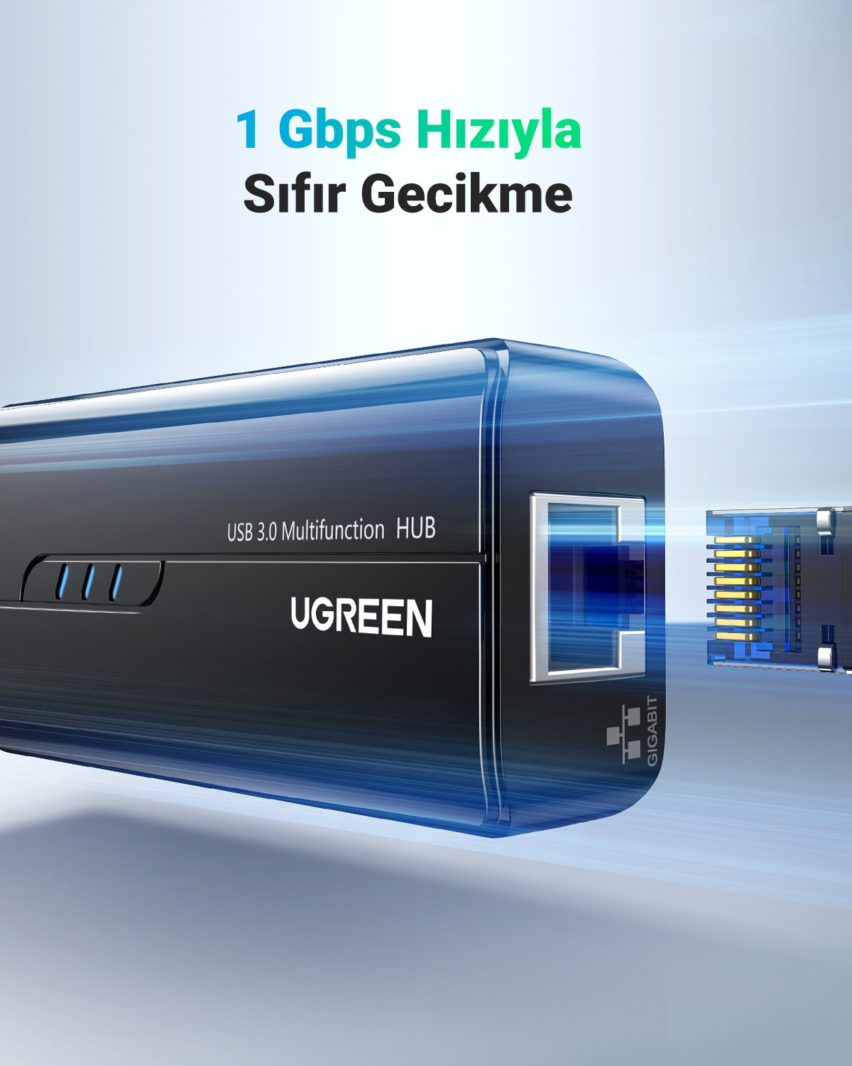 UGREEN USB 3.0 Gigabit Ethernet RJ45 Dönüştürücü 3 Port Hub USB Çoklayıcı, 20265