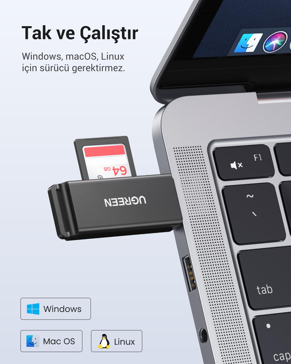 Ugreen USB 3.0 SD ve Micro SD Kart Okuyucu, Siyah