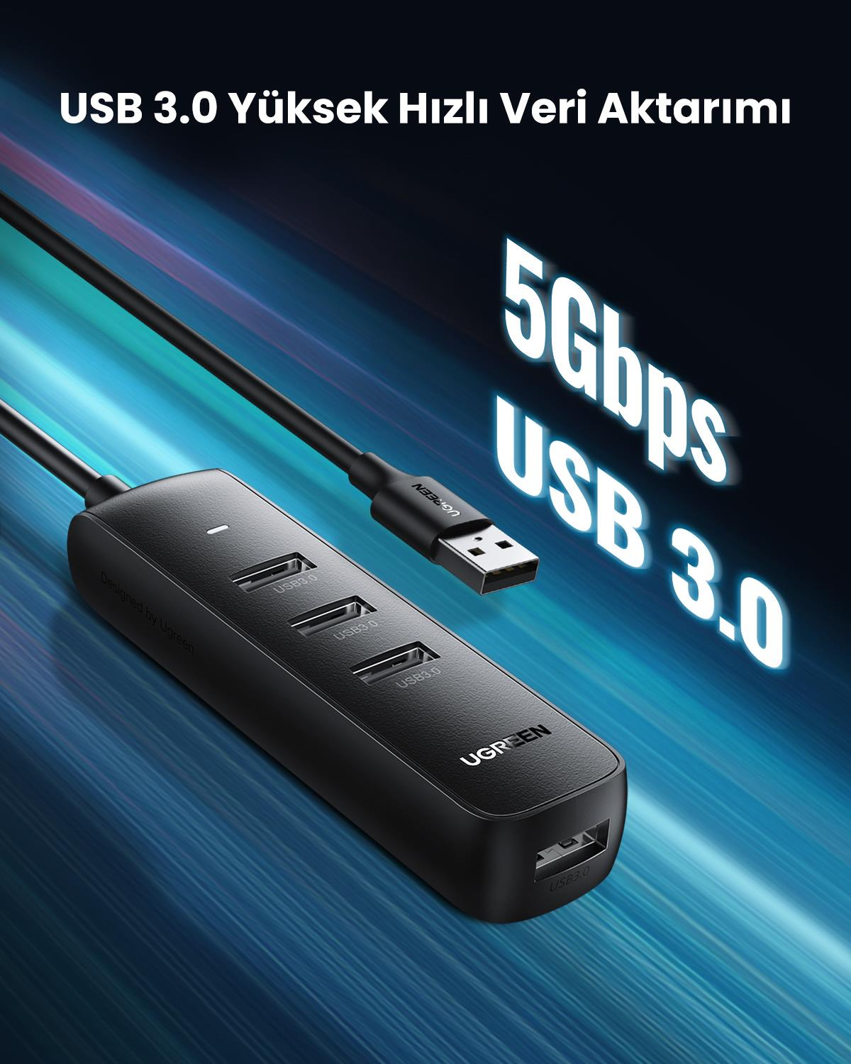 UGREEN USB 3.0 4-Port Hub 0.25m, Siyah