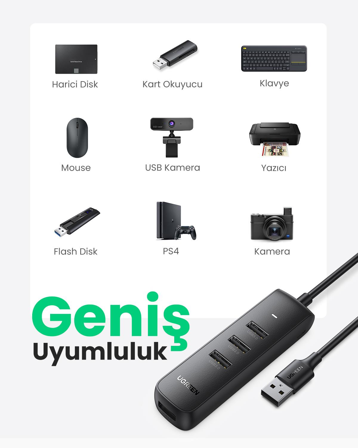 UGREEN USB 3.0 4-Port Hub 0.25m, Siyah