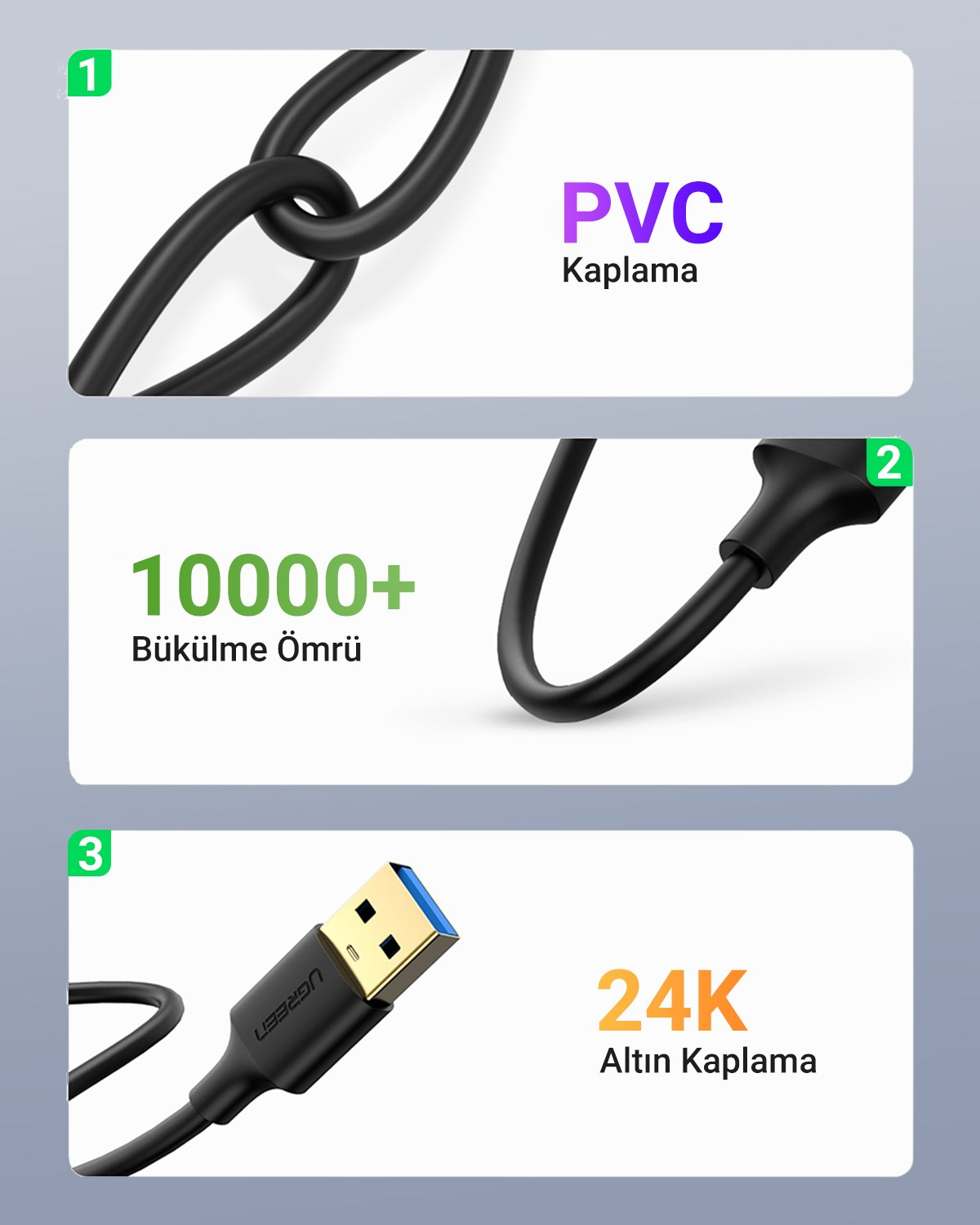 UGREEN USB-A 3.0 Data Kablosu 1 Metre, Siyah, 10370
