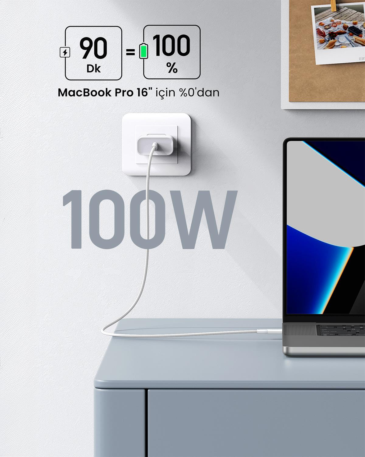 UGREEN USB-C 100W 3A QC PD Şarj Kablosu, Beyaz